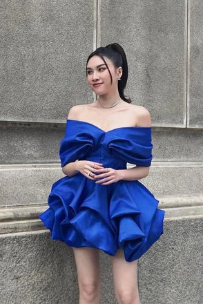 Elegant Royal Blue Bubble Off Shoulder Cheap Short Homecoming Dresses, HD33