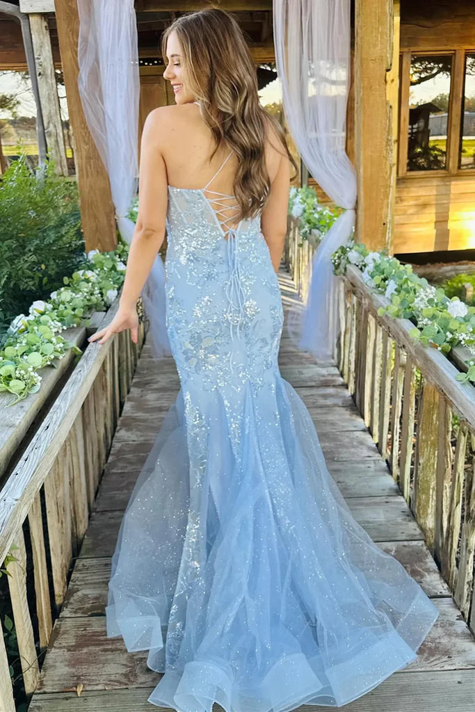 Elegant Blue Spaghetti Straps Lace Appliques Tulle Mermaid Long Cheap Wedding Dresses,WD63