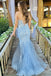 Elegant Blue Spaghetti Straps Lace Appliques Tulle Mermaid Long Cheap Wedding Dresses,WD63