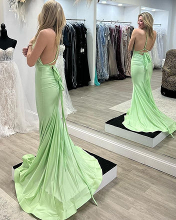 Elegant Light Green V Neck Long Simple Cheap Evening Gown Prom Dresses,MB167