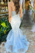 Elegant Blue Spaghetti Straps Lace Appliques Tulle Mermaid Long Cheap Wedding Dresses,WD63