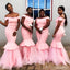 Elegant Pink Off Shoulder Ruffle Tulle Mermaid Long Cheap Bridesmaid Dresses ,BD104