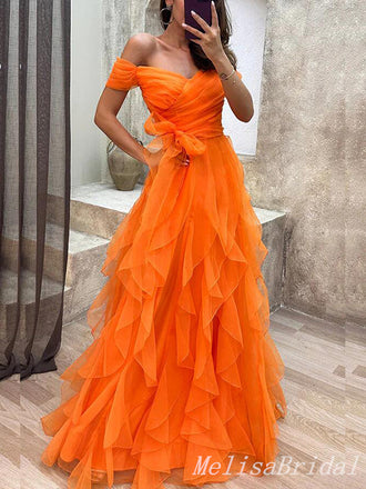 Orange Fluffy Off Shoulder A-line Evening Gown Maxi Long Evening Party Prom Dresses ,MB715