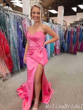 Sexy Strapless Sheath V Neck Open Back Evening Gown Maxi Long Formal Dresses Prom Dresses With High Slit,MB417