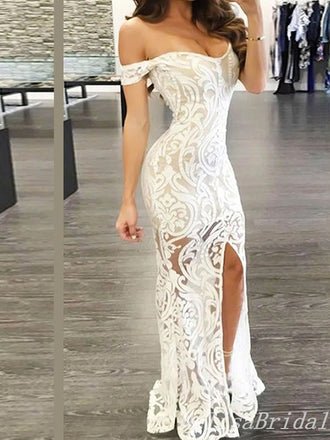Charming White Mermaid Sexy Strapless Sweetheart Lace Appliques Evening Gown Long Formal Dresses Prom Dresses with Side Slit,MB387