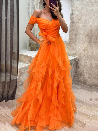 Orange Fluffy Off Shoulder A-line Evening Gown Maxi Long Evening Party Prom Dresses ,MB715