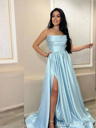Elegant Sexy Blue Strapless A-Line Evening Gown Maxi Long Formal Dresses Prom Dresses With Side Slit ,MB489