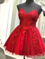 Red Spaghetti Straps Lace Appliques Beaded V Neck A-Line Graduation Party Short Homecoming Dresses, HD443