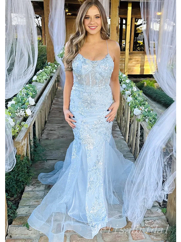 Elegant Blue Spaghetti Straps Lace Appliques Tulle Mermaid Long Cheap Wedding Dresses,WD63