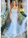 Elegant Blue Spaghetti Straps Lace Appliques Tulle Mermaid Long Cheap Wedding Dresses,WD63