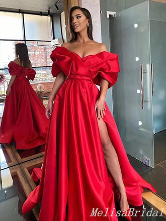 Gorgeous Red Off Shoulder Lace Up Back Sweetheart A-Line Evening Gown Maxi Long Evening Party Prom Dresses With Slit,MB618