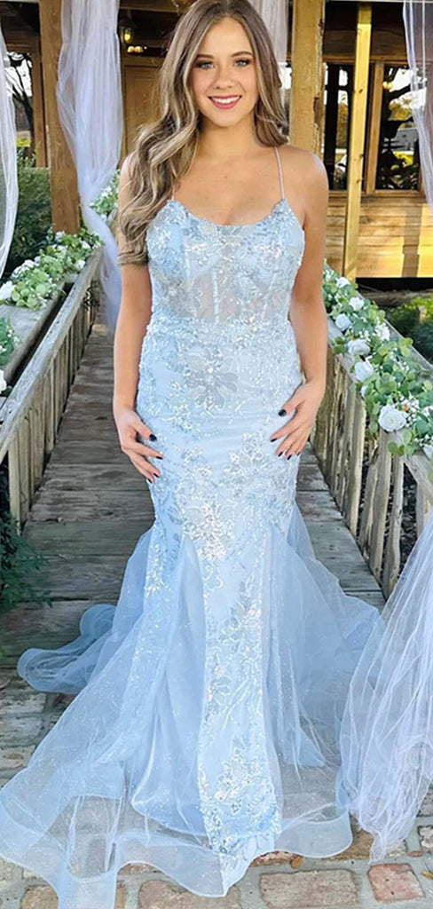 Elegant Blue Spaghetti Straps Lace Appliques Tulle Mermaid Long Cheap Wedding Dresses,WD63