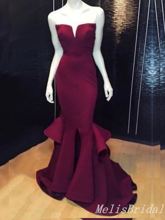 Sexy Elegant Strapless Mermaid Evening Gown Long Formal Dresses Prom Dresses With Ruffles,MB398