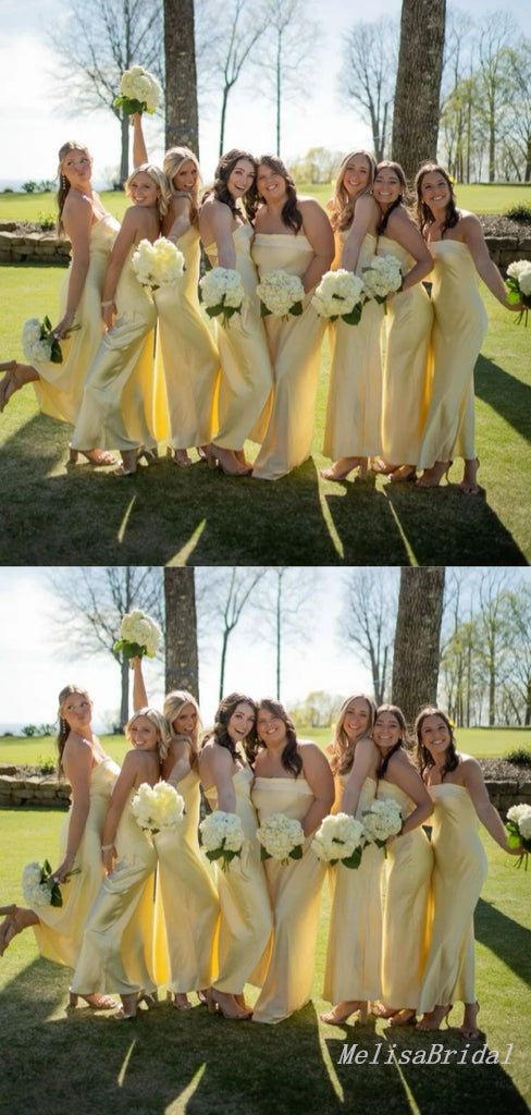 Light Yellow Strapless Sheath Long Bridesmaid Dresses,BD227