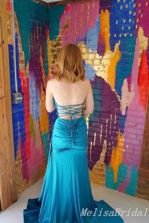 Blue Mermaid Strapless Lace Up Back Evening Gown Maxi Long Formal Dresses Prom Dresses With Side Slit ,MB558