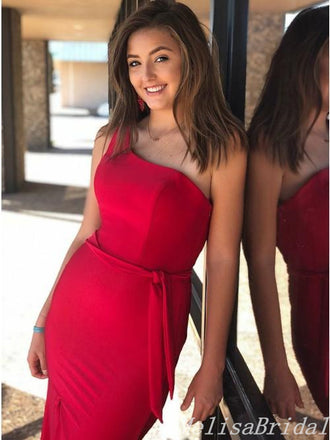 Sexy Red One Shoulder Sheath Evening Gown Maxi Long Formal Dresses Prom Dresses With Front Slit,MB472