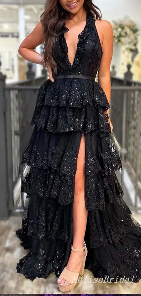 Sparkly Tiered Lace Appliques Deep V-neck Sexy Black Halter High Slit Evening Gown Long Prom Dresses with Belt ,MB245