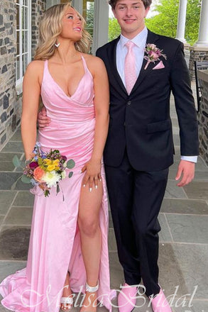 Pink V Neck Halter A-Line Evening Gown Maxi Long Evening Party Prom Dresses With Side Slit,MB643