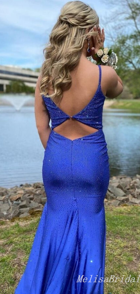 Sexy Royal Blue Spaghetti Straps Plunging V-Neck Mermaid Evening Gown Maxi Long Formal Dresses Prom Dresses,MB518