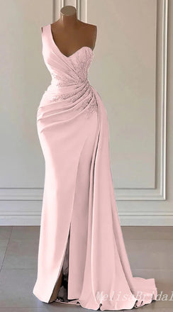 One Shoulder Light Pink Beaded Mermaid Evening Gown Maxi Long Evening Party Prom Dresses ,MB788