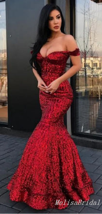Gorgeous Sexy Off-the-shoulder Mermaid Sparkle Plunging Evening Gown Long Prom Dresses with Ruffles,MB326