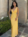 Stylish Yellow V Neck Satin Sheath Long Prom Dresses to Impress ,MB10969