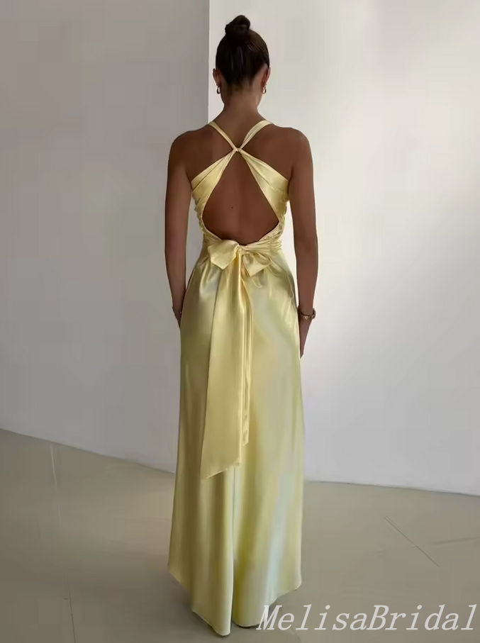 Elegant Yellow V Neck Sheath Long Party Dress Prom Dresses ,MB10972