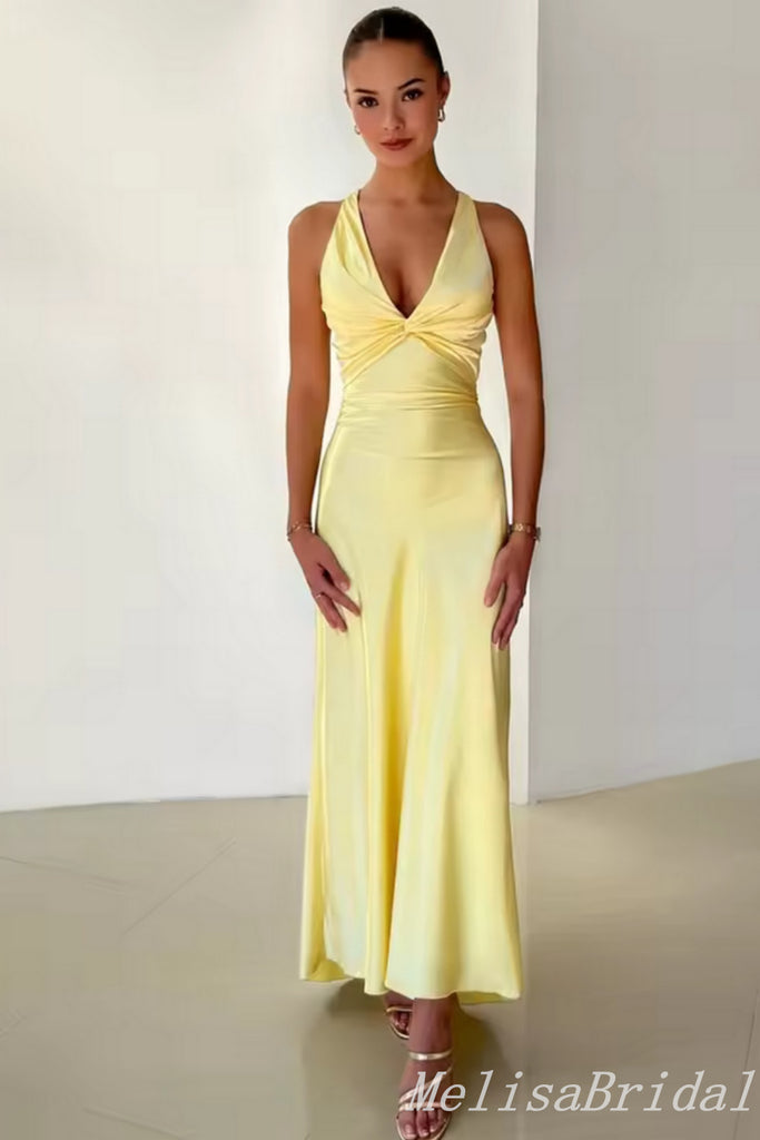 Elegant Yellow V Neck Sheath Long Party Dress Prom Dresses ,MB10972