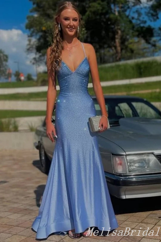 Sexy Blue Spaghetti Straps V Neck Lace up Back Mermaid Long Prom Dress Online,MB10974