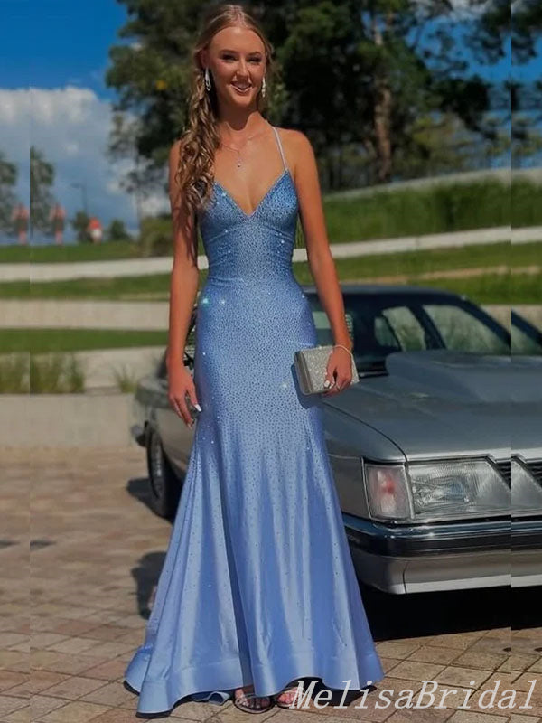 Sexy Blue Spaghetti Straps V Neck Lace up Back Mermaid Long Prom Dress Online,MB10974