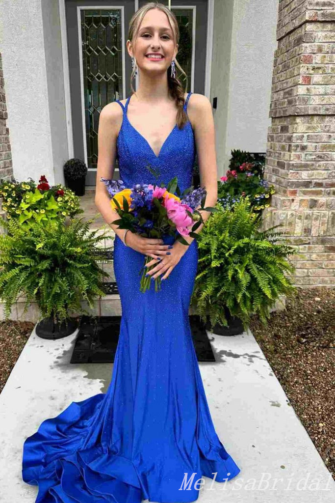 Sexy Blue Spaghetti Straps V Neck Beaded Mermaid Long Prom Dress Online,MB10975