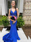 Sexy Blue Spaghetti Straps V Neck Beaded Mermaid Long Prom Dress Online,MB10975