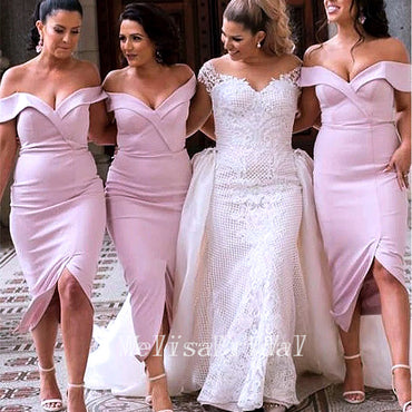 Sexy Pink Off Shoulder Cheap Side Slit Mermaid Charming Bridesmaid Dresses,BD39