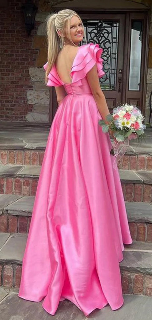 Elegant Pink Side Slit Ruffles A- Line Evening Long Prom Dresses,MB27