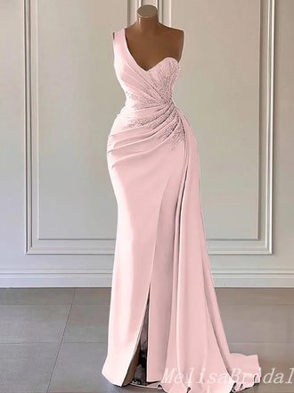 One Shoulder Light Pink Beaded Mermaid Evening Gown Maxi Long Evening Party Prom Dresses ,MB788