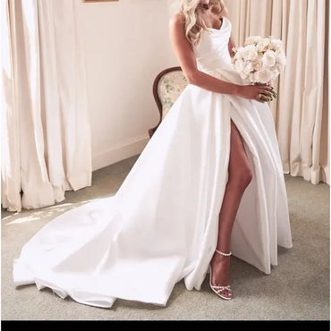 Elegant White Spaghetti Straps V Neck Side Slit A-Line Long Cheap Wedding Dresses,WD64