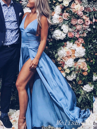 Sexy Blue A-Line Plunging High Slit Evening Gown Long Formal Dresses Prom Dresses,MB399