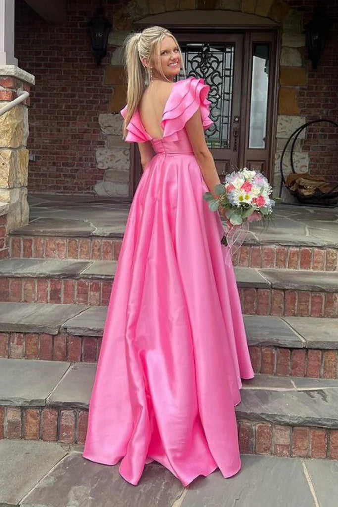 Elegant Pink Side Slit Ruffles A- Line Evening Long Prom Dresses,MB27