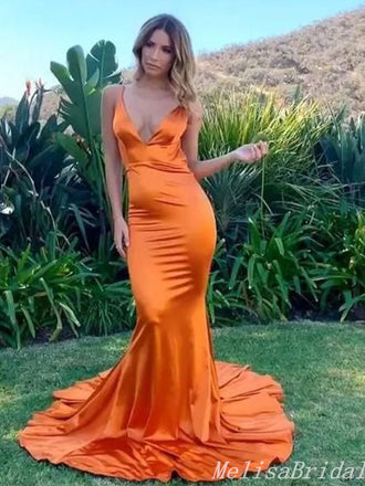 Sexy Orange Spaghetti Straps Plunging Mermaid Open Back Evening Gown Maxi Long Formal Dresses Prom Dresses With Trailing,MB490