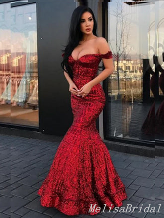 Gorgeous Sexy Off-the-shoulder Mermaid Sparkle Plunging Evening Gown Long Prom Dresses with Ruffles,MB326