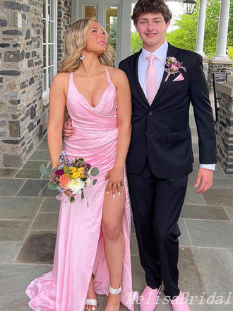 Pink V Neck Halter A-Line Evening Gown Maxi Long Evening Party Prom Dresses With Side Slit,MB643