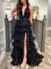 Sparkly Tiered Lace Appliques Deep V-neck Sexy Black Halter High Slit Evening Gown Long Prom Dresses with Belt ,MB245