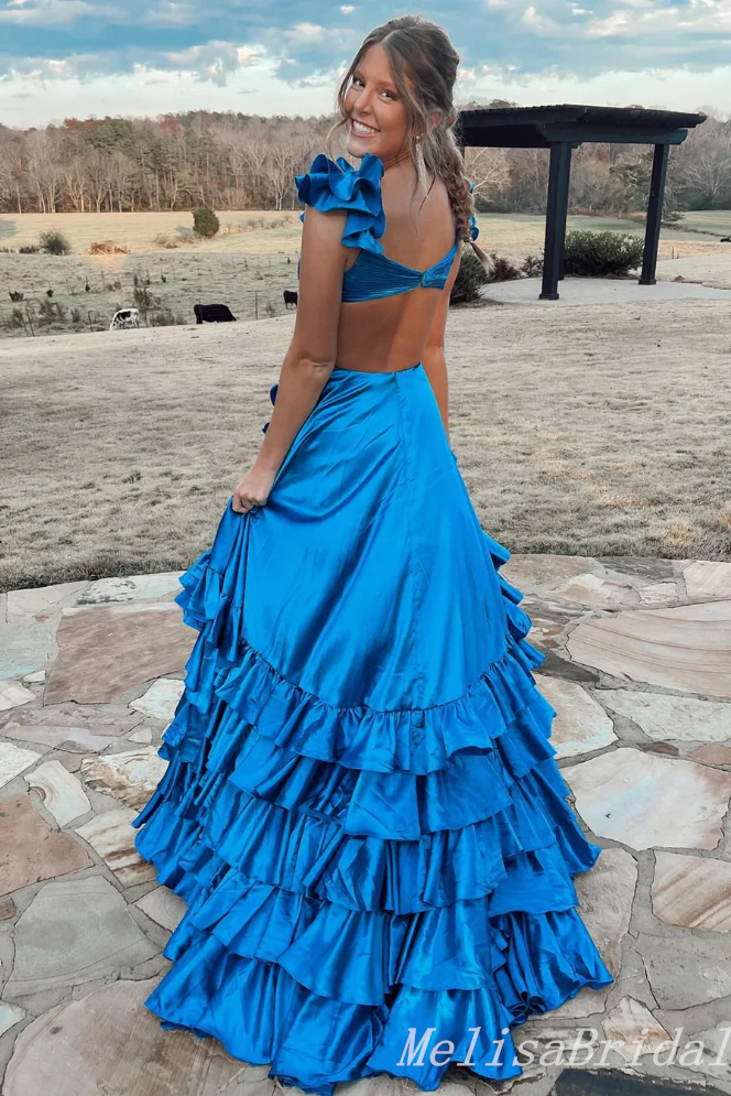 Sexy Blue Layer High Slit Evening Gown Maxi Long Formal Dresses Prom Dresses With Ruffles,MB540