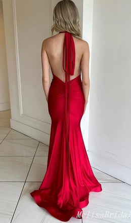Sexy Red Halter Plunging Mermaid Open Back Evening Gown Maxi Long Formal Dresses Prom Dresses With Trailing,MB491