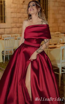 Sexy Off the Shoulder High Slit A-line Evening Gown Long Prom Dresses with Pleats,MB305