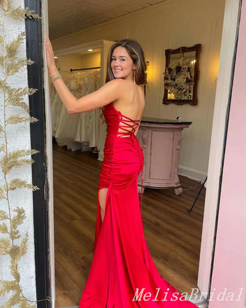 Red Mermaid Strapless Lace Up Back Evening Gown Maxi Long Formal Dresses Prom Dresses With Side Slit ,MB559