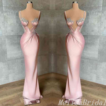 Spaghetti Straps Plunging Light Pink Beaded Mermaid Evening Gown Maxi Long Evening Party Prom Dresses,MB789