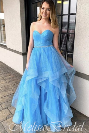 Blue Fluffy Strapless Layer Sweetheart A-Line Evening Gown Maxi Long Evening Party Prom Dresses,MB644