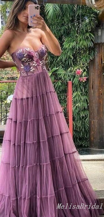 Grape A-Line Floral Appliques Sweetheart Strapless Evening Gown Maxi Long Evening Party Prom Dresses,MB588