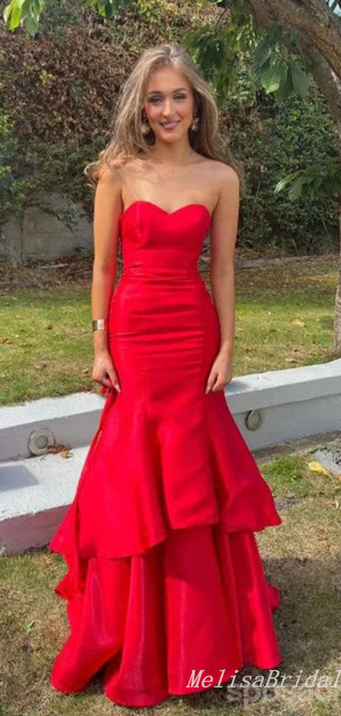 Sexy Red Sweetheart Strapless Mermaid Evening Gown Maxi Long Formal Dresses Prom Dresses With Ruffles,MB519